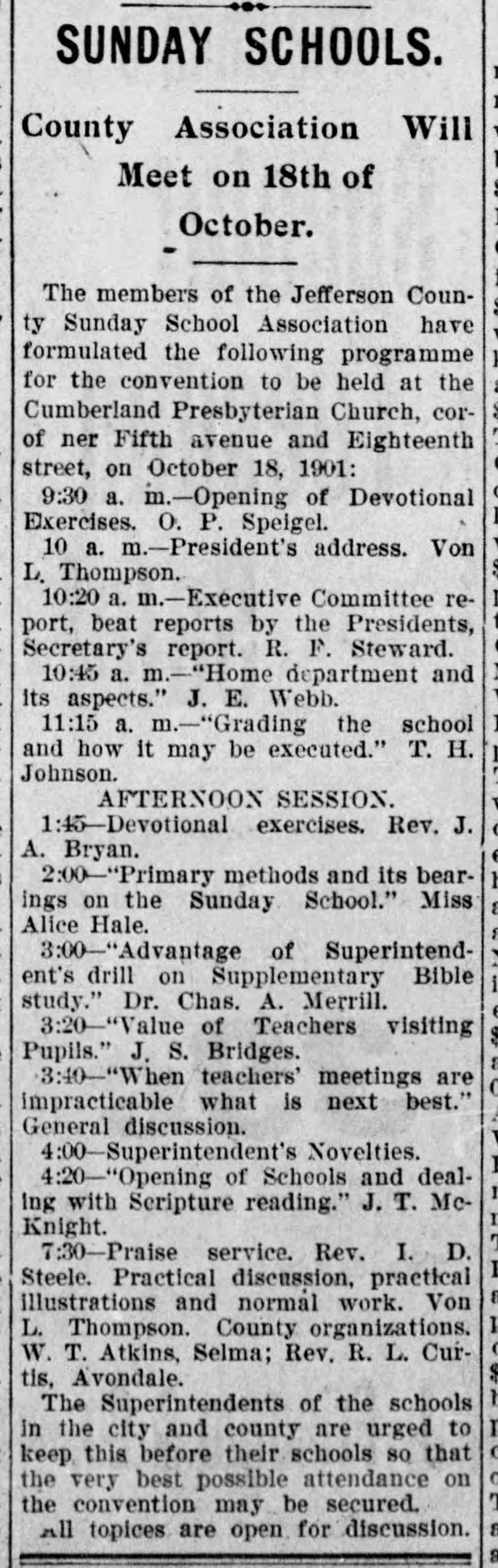 Sunday Schools: County Association Will Meet on 18th of October